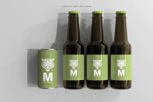 Free 180Ml Mini Soda Or Beer Can And Bottle With Water Drops Mockups Psd