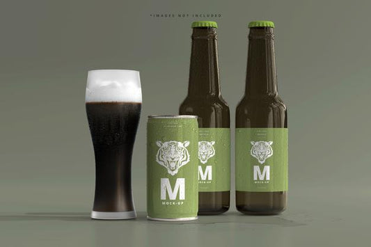Free 180Ml Mini Soda Or Beer Can And Bottle With Water Drops Mockups Psd