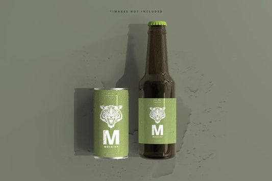 Free 180Ml Mini Soda Or Beer Can And Bottle With Water Drops Mockups Psd