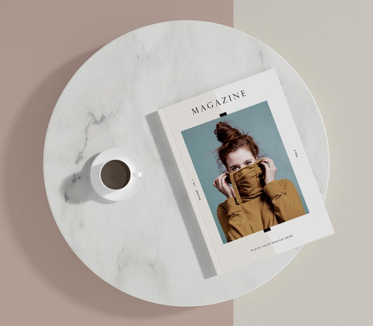 Free Top View Coffee And Editorial Magazine Mock-Up Psd