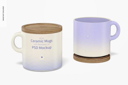 Free 10 Oz Ceramic Mugs With Bamboo Lid Mockup Psd