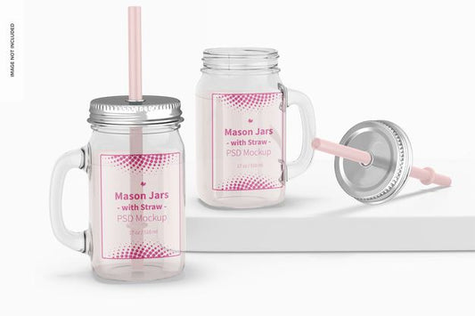 Free 17 Oz Mason Jars With Straw Mockup Psd