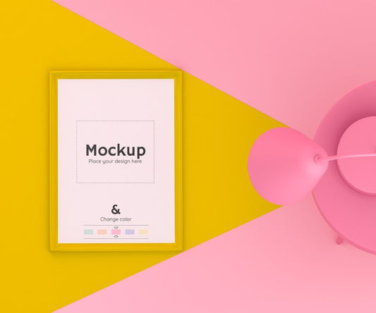 Free 3D Pink And Yellow Scene With A Lamp Lighting Up A Cell Phone On The Floor And Editable Color Psd