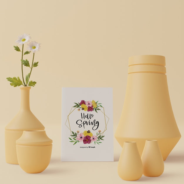 Free 3D Thematic Spring Card And Decorations On Table Psd