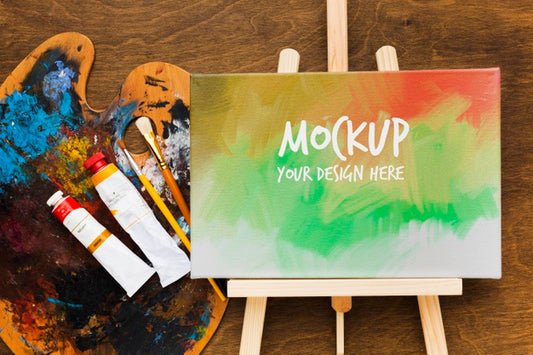 Free Above View Artist Desk With Painting Psd