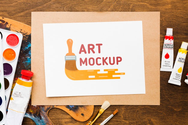 Free Above View Artist Desk With Watercolors Psd