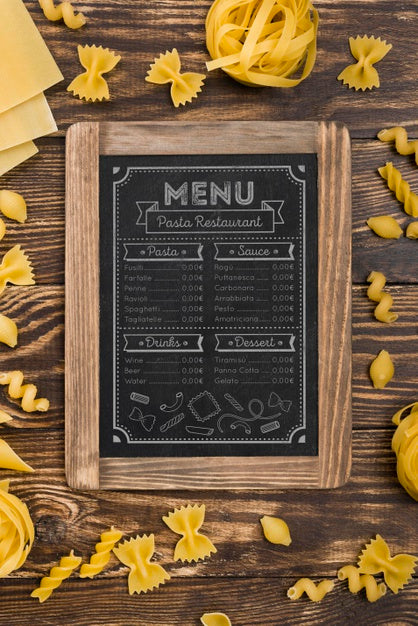 Free Above View Menu And Pasta Assortment Psd