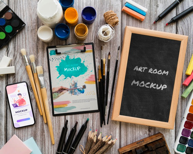 Free Acrylic Palette And Brushes Beside Frame Psd