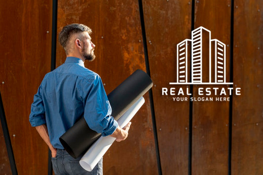 Free Agent Man Holding Plans For New Building From Behind Psd