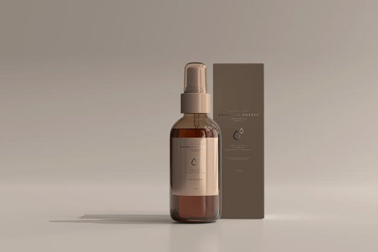Free Amber Glass Cosmetic Spray Bottle With Box Mockup Psd