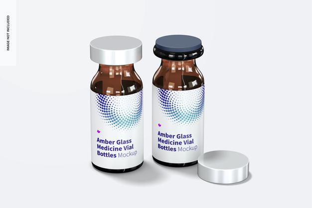 Free Amber Glass Medicine Vial Bottles Mockup Psd