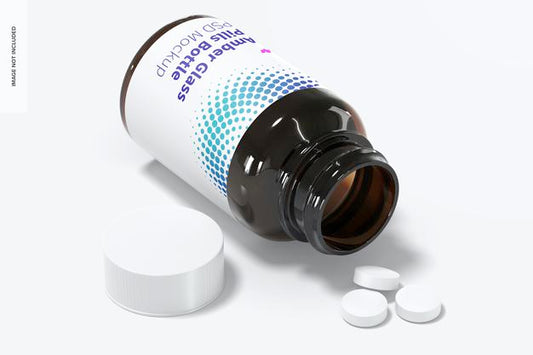 Free Amber Glass Pills Bottle Mockup, Perspective Psd