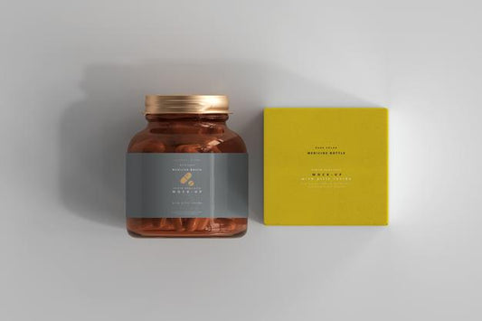 Free Amber Medicine Bottle And Box Mockup Psd
