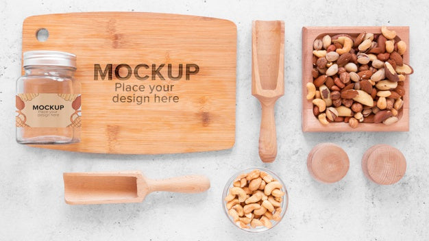 Free Arrangement Of Nuts With Wooden Board Mock-Up Psd