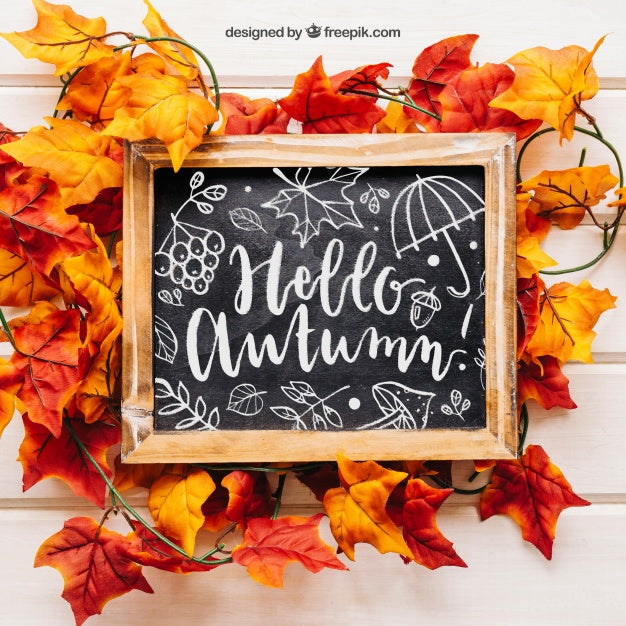 Free Autumn Mockup With Slate On Leaves Psd