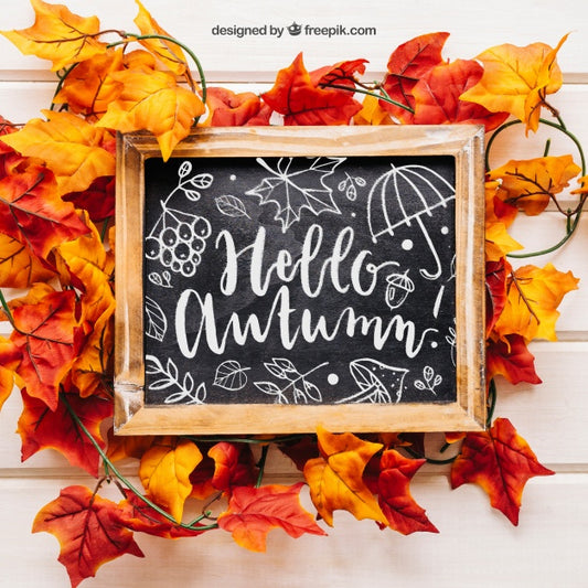 Free Autumn Mockup With Slate On Leaves Psd