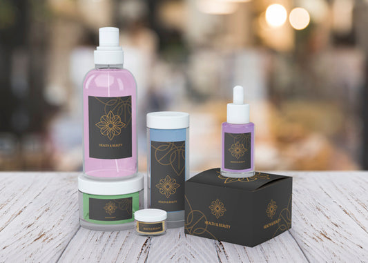Free Beauty Products Mockup On Blurred Background Psd