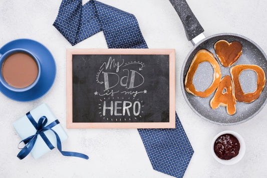 Free Blackboard For Fathers Day With Pan Of Pancakes And Coffee Cup Psd