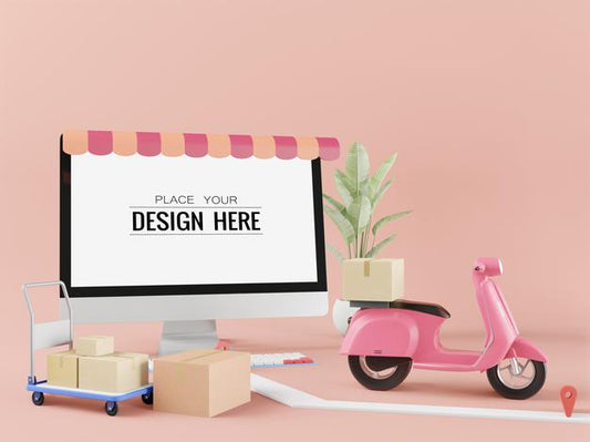 Free Blank Screen Computer Mockup. Shipping Concept Psd