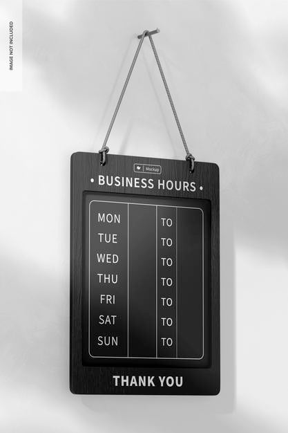 Free Business Hours Board Mockup, Left View Psd