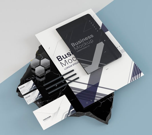 Free Business Stationery Mock-Up And Black Notebook Psd