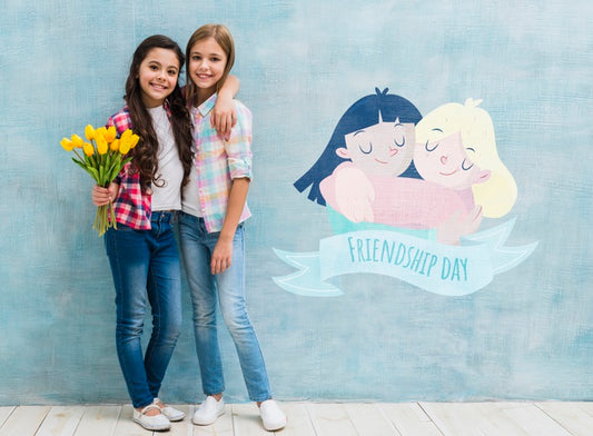 Free Children Holding Each Other With Wall Mock-Up Psd