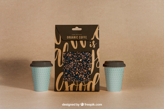 Free Coffee Mockup With Two Cups And Bag Psd