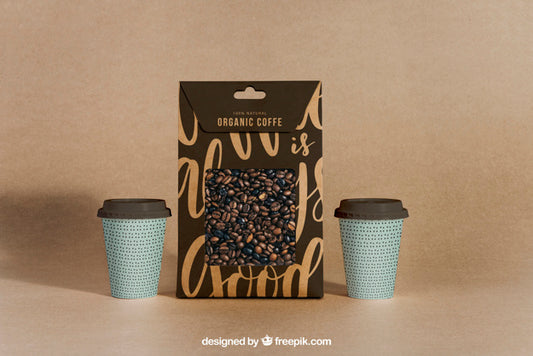Free Coffee Mockup With Two Cups And Bag Psd