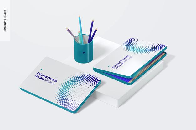 Free Colored Pencils Tin Boxes Mockup, Closed Psd