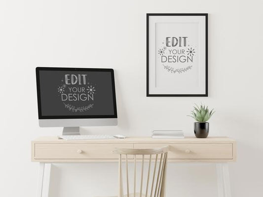 Free Computer On Table In Work Space Mockup Psd