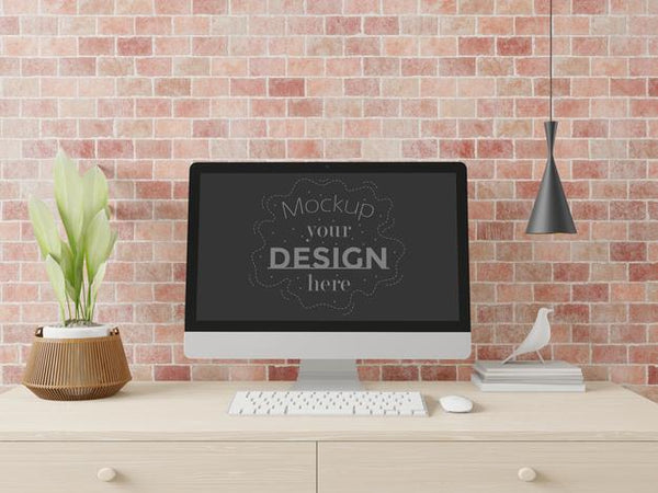 Free Computer On Table In Work Space Mockup Psd