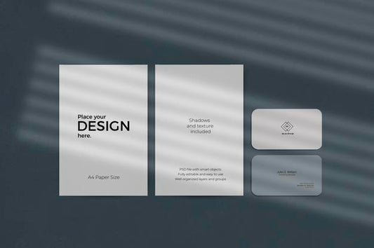 Free Corporate Stationary Set Mockup With Window Shadow Effect On Blue Wall Psd