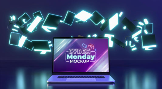 Free Cyber Monday Sale Assortment With Laptop Mock-Up Psd
