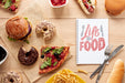 Free Delicious Fast Food On Wooden Table With Notebook Mock-Up Psd