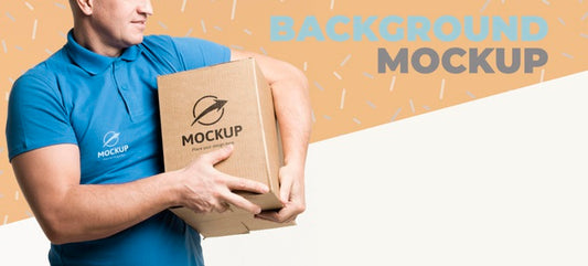 Free Delivery Man Holding A Box Mock-Up Psd