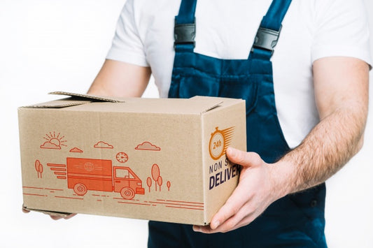 Free Delivery Mockup With Man Holding Box Psd