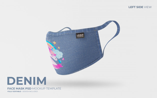 Free Denim Face Mask Mockup With Unicorn Design Psd