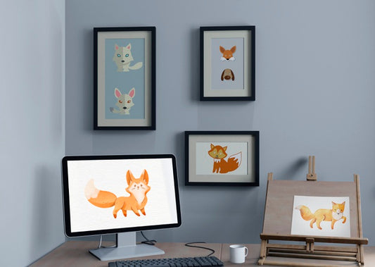 Free Desk With Monitor And Painting Support And Frames On Wall Psd