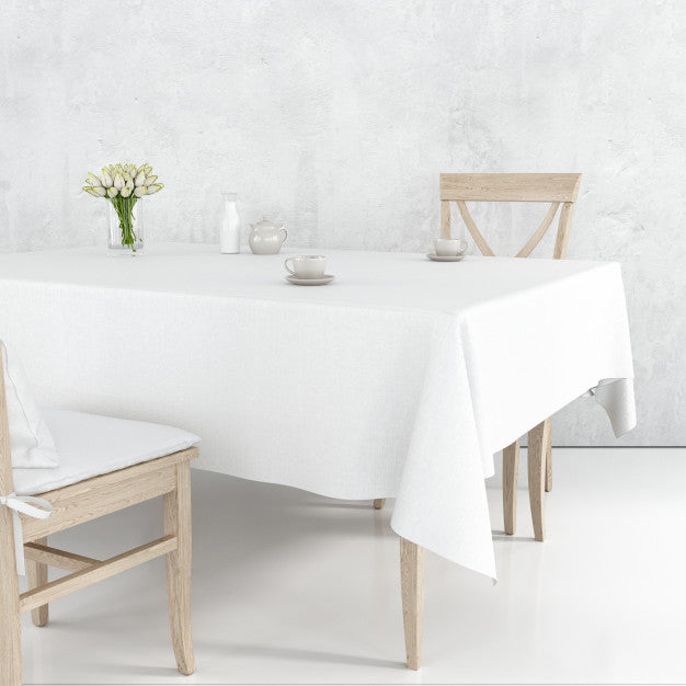 Free Dining Table Mockup With White Cloth And Wooden Chairs Psd