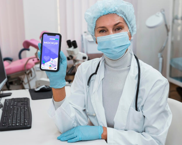 Free Doctor Holding Phone Mock-Up At Desk Psd