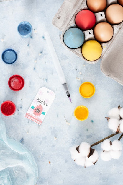 Free Easter Label With Paints Top View Psd