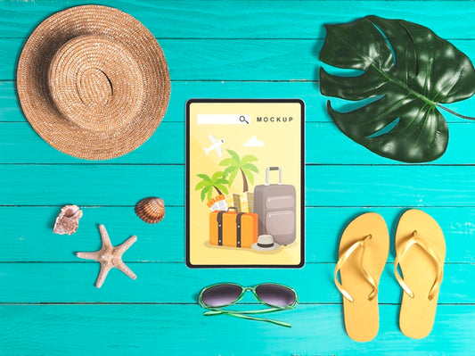 Free Editable Flat Lay Tablet Mockup With Summer Elements Psd