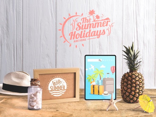 Free Editable Tablet Mockup With Summer Elements Psd