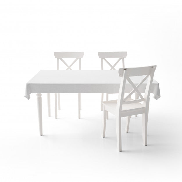 Free Empty Dining Table Mockup With White Cloth And Modern Chairs Psd