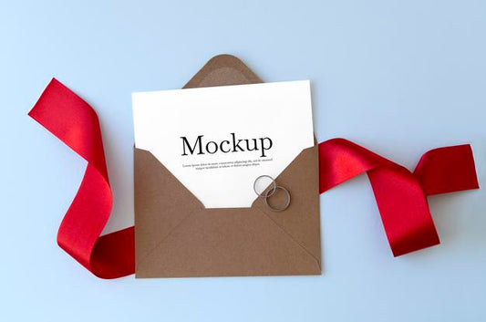 Free Envelope With Red Ribbon And Rings Mockup Psd