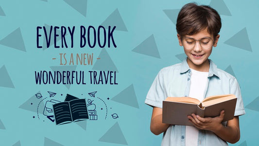 Free Every Book Is A New Travel Cute Boy Mock-Up Psd