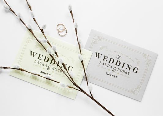 Free Fat Lay Of Wedding Cards With Rings And Flowers Psd