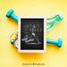 Free Fitness Mockup With Slate On Bottle And Dumbbells Psd