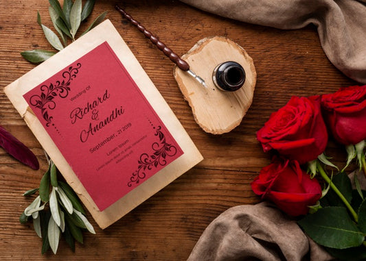 Free Flat Lay Beautiful Composition Of Wedding Elements With Card Mock-Up Psd