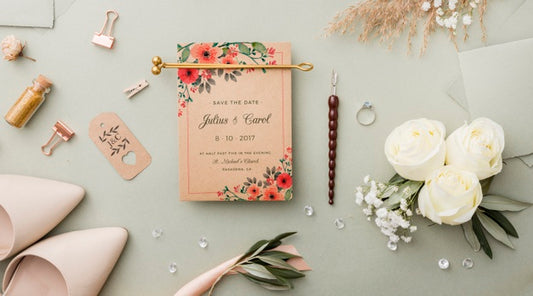 Free Flat Lay Composition Of Wedding Elements With Card Mock-Up Psd